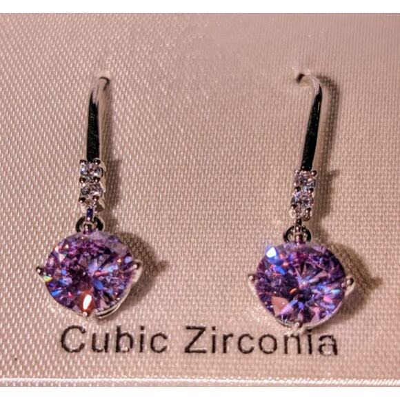 New In Box Vintage Deadstock Lavender Round Cut Cubic Zirconia Dangle Earrings - Picture 2 of 6